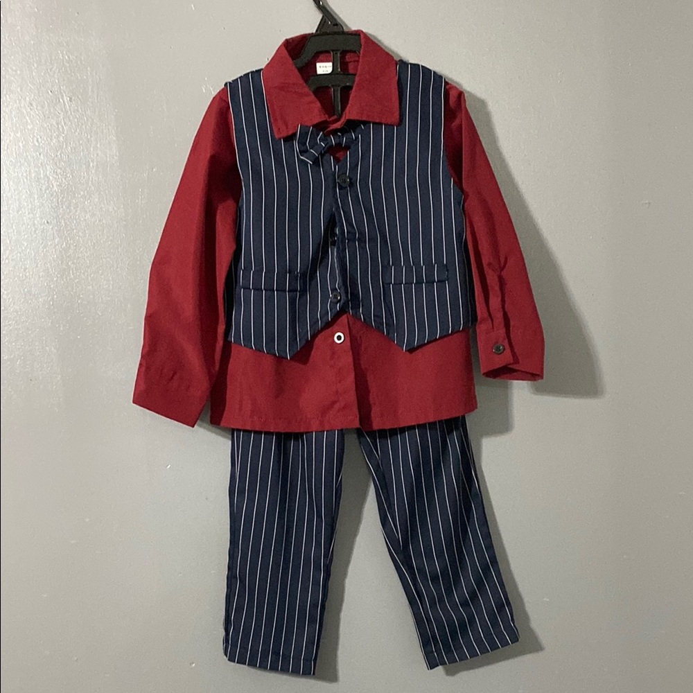 Kids Pinstripe Suit. Burgundy Red and Blue